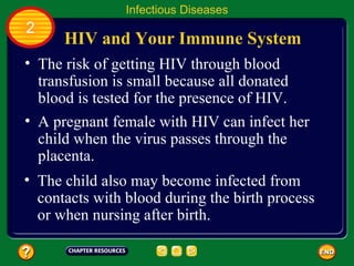 Infectious Diseases
2
      HIV and Your Immune System
• The risk of getting HIV through blood
  transfusion is small because all donated
  blood is tested for the presence of HIV.
• A pregnant female with HIV can infect her
  child when the virus passes through the
  placenta.
• The child also may become infected from
  contacts with blood during the birth process
  or when nursing after birth.
 