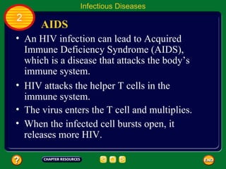 Infectious Diseases
2
      AIDS
• An HIV infection can lead to Acquired
  Immune Deficiency Syndrome (AIDS),
  which is a disease that attacks the body’s
  immune system.
• HIV attacks the helper T cells in the
  immune system.
• The virus enters the T cell and multiplies.
• When the infected cell bursts open, it
  releases more HIV.
 