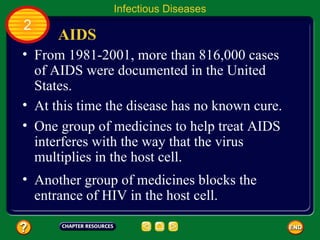 Infectious Diseases
2
      AIDS
• From 1981-2001, more than 816,000 cases
  of AIDS were documented in the United
  States.
• At this time the disease has no known cure.
• One group of medicines to help treat AIDS
  interferes with the way that the virus
  multiplies in the host cell.
• Another group of medicines blocks the
  entrance of HIV in the host cell.
 