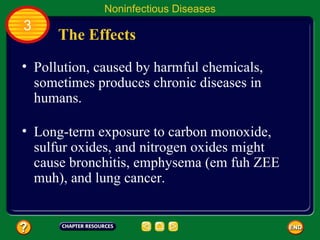 Noninfectious Diseases
3
      The Effects
• Pollution, caused by harmful chemicals,
  sometimes produces chronic diseases in
  humans.

• Long-term exposure to carbon monoxide,
  sulfur oxides, and nitrogen oxides might
  cause bronchitis, emphysema (em fuh ZEE
  muh), and lung cancer.
 
