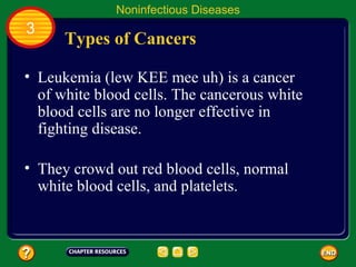 Noninfectious Diseases
3
      Types of Cancers

• Leukemia (lew KEE mee uh) is a cancer
  of white blood cells. The cancerous white
  blood cells are no longer effective in
  fighting disease.

• They crowd out red blood cells, normal
  white blood cells, and platelets.
 