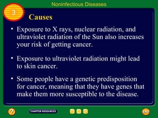 Noninfectious Diseases
3
      Causes
• Exposure to X rays, nuclear radiation, and
  ultraviolet radiation of the Sun also increases
  your risk of getting cancer.
• Exposure to ultraviolet radiation might lead
  to skin cancer.
• Some people have a genetic predisposition
  for cancer, meaning that they have genes that
  make them more susceptible to the disease.
 