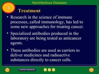 Noninfectious Diseases
3
      Treatment
• Research in the science of immune
  processes, called immunology, has led to
  some new approaches for treating cancer.
• Specialized antibodies produced in the
  laboratory are being tested as anticancer
  agents.
• These antibodies are used as carriers to
  deliver medicines and radioactive
  substances directly to cancer cells.
 