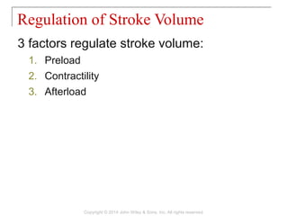 3 factors regulate stroke volume:
1. Preload
2. Contractility
3. Afterload
Regulation of Stroke Volume
Copyright © 2014 John Wiley & Sons, Inc. All rights reserved.
 