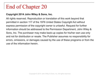 Copyright 2014 John Wiley & Sons, Inc.
All rights reserved. Reproduction or translation of this work beyond that
permitted in section 117 of the 1976 United States Copyright Act without
express permission of the copyright owner is unlawful. Request for further
information should be addressed to the Permission Department, John Wiley &
Sons, Inc. The purchaser may make back-up copies for his/her own use only
and not for distribution or resale. The Publisher assumes no responsibility for
errors, omissions, or damages caused by the use of these programs or from the
use of the information herein.
End of Chapter 20
Copyright © 2014 John Wiley & Sons, Inc. All rights reserved.
 