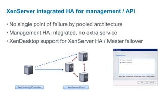 XenServer integrated HA for management / API

• No single point of failure by pooled architecture
• Management HA integrated, no extra service
• XenDesktop support for XenServer HA / Master failover

                                         1.2



                             1.1



                                             1.3



    XenDesktop Controller   XenServer Pool
 