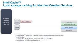 IntelliCacheTM
Local storage caching for Machine Creation Services



Machine
Creation              I/O + Space
Services   Storage                                                                      Hypervisor
 (MCS)                                                                             Target side caching

           Storage                                                                     IntelliCacheTM

                                                                                        XenServer


           • IntelliCacheTM enhances machine creation service by target side caching
             architecture
           • XenDesktop deployments scale with each server added
           • Inexpensive local storage reduces TCO
 
