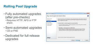 Rolling Pool Upgrade

• Fully automated upgrades
  (after pre-checks)
 • Requires HTTP, NFS or FTP
   share

• Semi-automated upgrades
 • CD or PXE

• Dedicated for full release
  upgrades
 