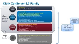 Citrix XenServer 6.0 Family
                         • Site Recovery
            Platinum     • Provisioning Services for Physical Servers


                          •   GPU Pass-Thru
                          •   Monitoring Pack for SystemCenter Operations Manager
                          •   Workload Balancing incl. Power Management
                          •   StorageLinkTM Advanced Storage Management
                          •   IntelliCacheTM for XenDesktop Storage Optimization
            Enterprise
                          •   Role-based Administration
XenServer                 •   Live Memory Snapshots                                                                  Includes also
Premium                   •   Provisioning Services for Virtual Servers                                             Provisioning for
Editions                  •   Web Management Console with delegated Administration                                      physical
                                                                                                                       desktops

                         •    Automated VM Protection and Recovery
                         •    Distributed Virtual Switching                                        included in
                         •    Mixed Resource Pools by CPU Masking
            Advanced                                                                              XenDesktop
                         •    Dynamic Memory Control
                         •    High Availability                                                  for XenDesktop related
                         •    Performance Reporting and Alerting                                       workloads




                         •    Management Integration with SystemCenter Virtual Machine Manager
                         •    SAN Boot Multipathing Support
XenServer     Free       •    Active Directory Integration
                         •    Storage Snapshots
                         •    No socket restriction
                         •    XenCenter Management incl. shared storage and XenMotionTM
 