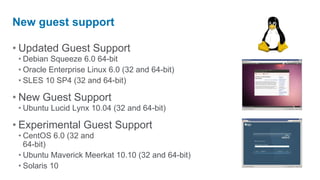 New guest support

• Updated Guest Support
 • Debian Squeeze 6.0 64-bit
 • Oracle Enterprise Linux 6.0 (32 and 64-bit)
 • SLES 10 SP4 (32 and 64-bit)

• New Guest Support
 • Ubuntu Lucid Lynx 10.04 (32 and 64-bit)

• Experimental Guest Support
 • CentOS 6.0 (32 and
   64-bit)
 • Ubuntu Maverick Meerkat 10.10 (32 and 64-bit)
 • Solaris 10
 