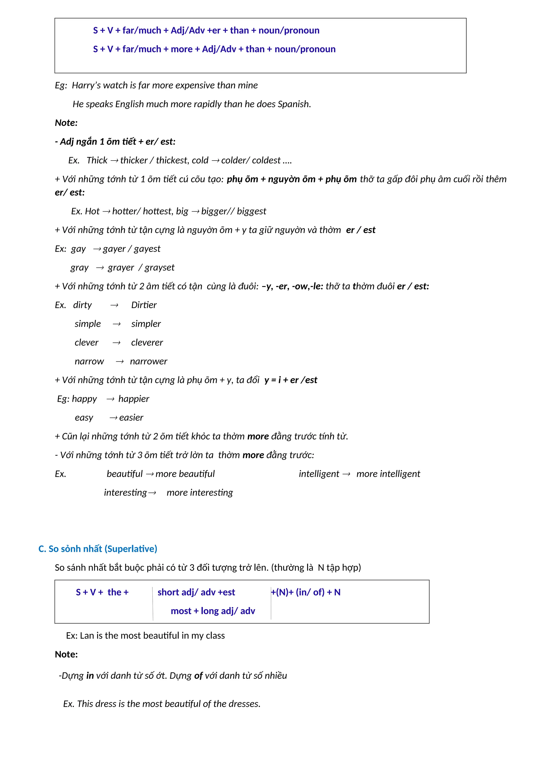 S + V + far/much + Adj/Adv +er + than + noun/pronoun
S + V + far/much + more + Adj/Adv + than + noun/pronoun
Eg: Harry’s watch is far more expensive than mine
He speaks English much more rapidly than he does Spanish.
Note:
- Adj ngắn 1 õm tiết + er/ est:
Ex. Thick  thicker / thickest, cold  colder/ coldest ….
+ Với những tớnh từ 1 õm tiết cú cõu tạo: phụ õm + nguyờn õm + phụ õm thỡ ta gấp đôi phụ âm cuối rồi thêm
er/ est:
Ex. Hot  hotter/ hottest, big  bigger// biggest
+ Với những tớnh từ tận cựng là nguyờn õm + y ta giữ nguyờn và thờm er / est
Ex: gay  gayer / gayest
gray  grayer / grayset
+ Với những tớnh từ 2 âm tiết có tận cùng là đuôi: –y, -er, -ow,-le: thỡ ta thờm đuôi er / est:
Ex. dirty  Dirtier
simple  simpler
clever  cleverer
narrow  narrower
+ Với những tớnh từ tận cựng là phụ õm + y, ta đổi y = i + er /est
Eg: happy  happier
easy  easier
+ Cũn lại những tớnh từ 2 õm tiết khỏc ta thờm more đằng trước tính từ.
- Với những tớnh từ 3 õm tiết trở lờn ta thờm more đằng trước:
Ex. beautiful  more beautiful intelligent  more intelligent
interesting more interesting
C. So sỏnh nhất (Superlative)
So sánh nhất bắt buộc phải có từ 3 đối tượng trở lên. (thường là N tập hợp)
S + V + the + short adj/ adv +est +(N)+ (in/ of) + N
most + long adj/ adv
Ex: Lan is the most beautiful in my class
Note:
-Dựng in với danh từ số ớt. Dựng of với danh từ số nhiều
Ex. This dress is the most beautiful of the dresses.
 