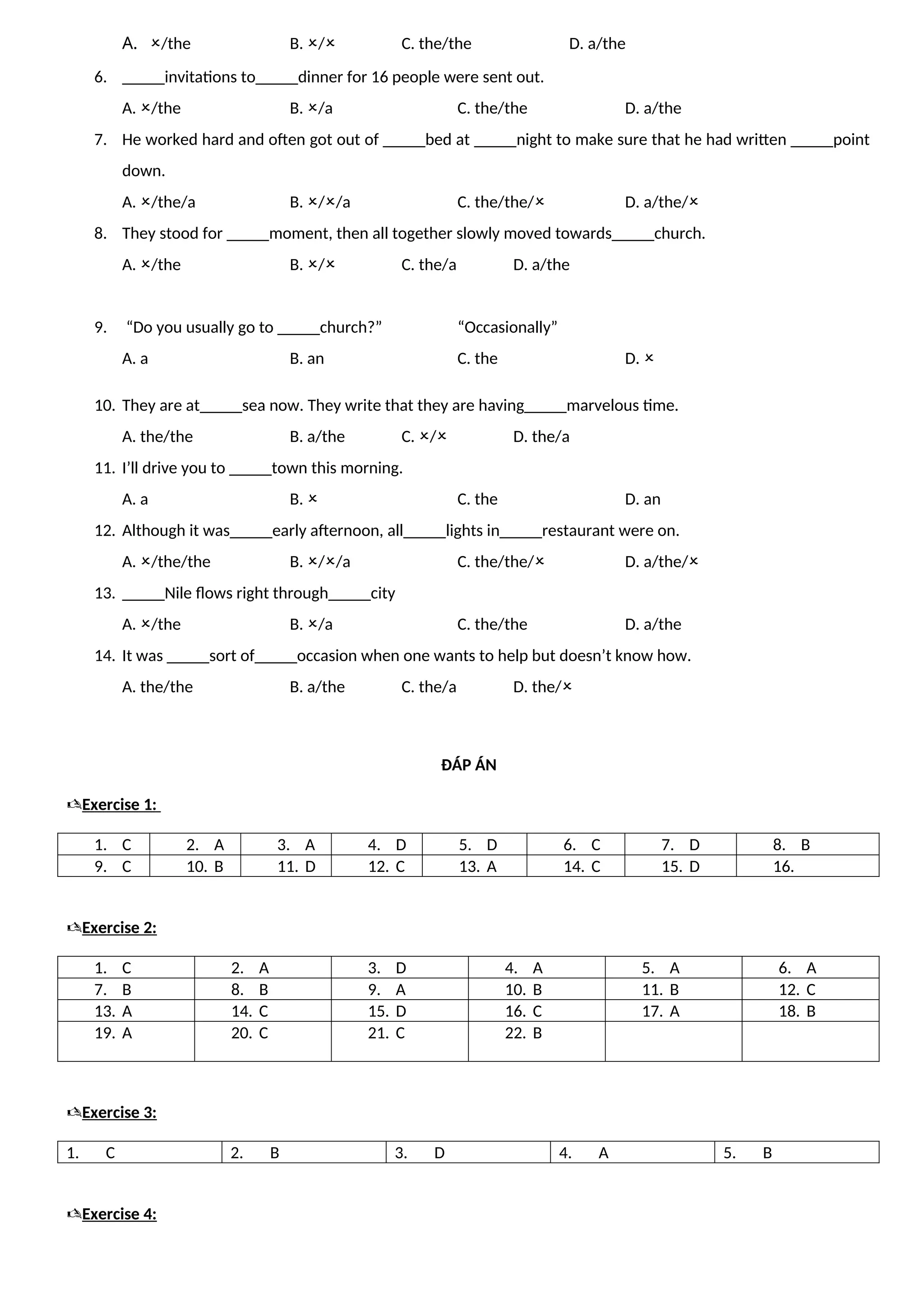 A. /the B. / C. the/the D. a/the
6. _____invitations to_____dinner for 16 people were sent out.
A. /the B. /a C. the/the D. a/the
7. He worked hard and often got out of _____bed at _____night to make sure that he had written _____point
down.
A. /the/a B. //a C. the/the/ D. a/the/
8. They stood for _____moment, then all together slowly moved towards_____church.
A. /the B. / C. the/a D. a/the
9. “Do you usually go to _____church?” “Occasionally”
A. a B. an C. the D. 
10. They are at_____sea now. They write that they are having_____marvelous time.
A. the/the B. a/the C. / D. the/a
11. I’ll drive you to _____town this morning.
A. a B.  C. the D. an
12. Although it was_____early afternoon, all_____lights in_____restaurant were on.
A. /the/the B. //a C. the/the/ D. a/the/
13. _____Nile flows right through_____city
A. /the B. /a C. the/the D. a/the
14. It was _____sort of_____occasion when one wants to help but doesn’t know how.
A. the/the B. a/the C. the/a D. the/
ĐÁP ÁN
Exercise 1:
1. C 2. A 3. A 4. D 5. D 6. C 7. D 8. B
9. C 10. B 11. D 12. C 13. A 14. C 15. D 16.
Exercise 2:
1. C 2. A 3. D 4. A 5. A 6. A
7. B 8. B 9. A 10. B 11. B 12. C
13. A 14. C 15. D 16. C 17. A 18. B
19. A 20. C 21. C 22. B
Exercise 3:
1. C 2. B 3. D 4. A 5. B
Exercise 4:
 