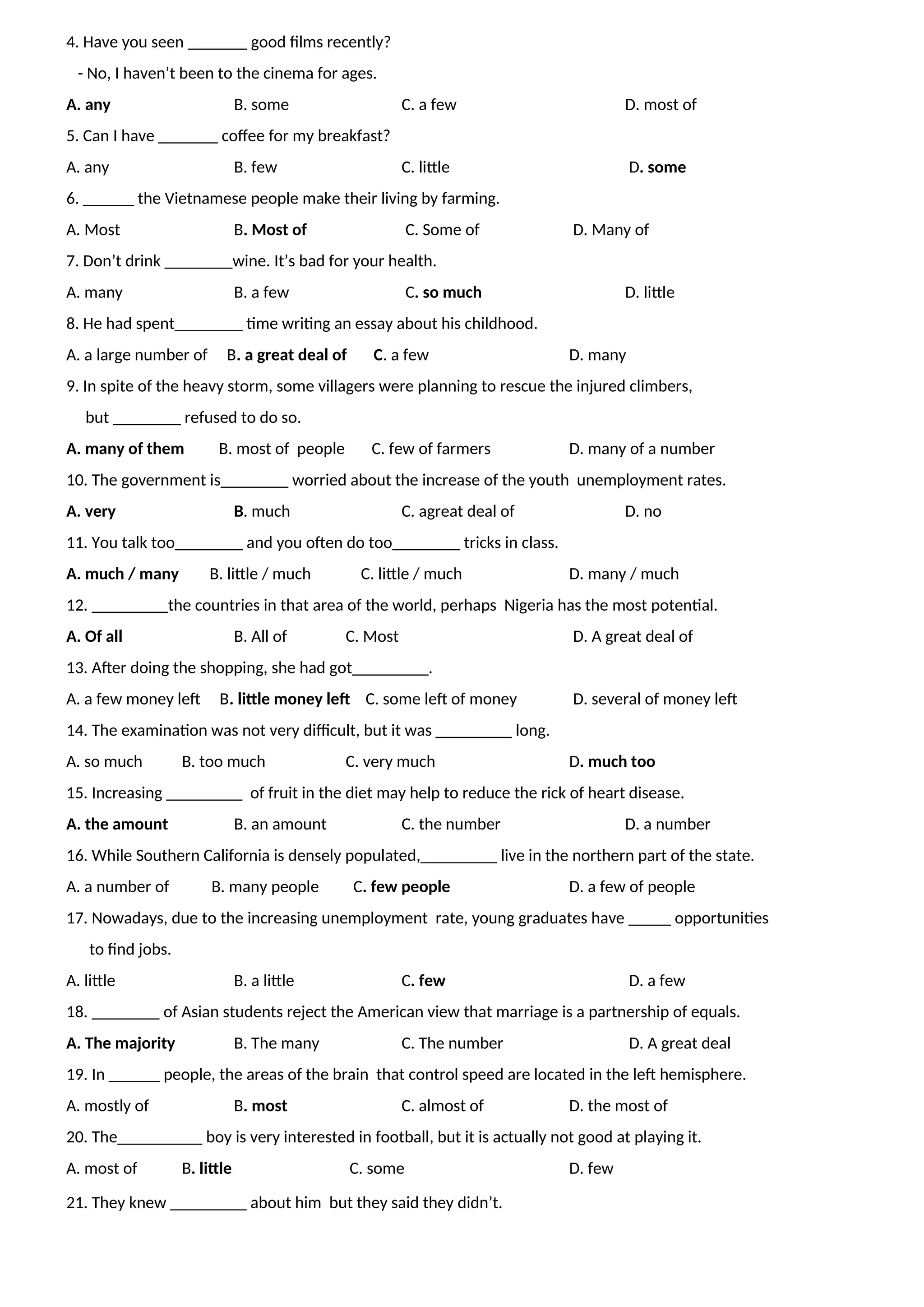 4. Have you seen _______ good films recently?
- No, I haven’t been to the cinema for ages.
A. any B. some C. a few D. most of
5. Can I have _______ coffee for my breakfast?
A. any B. few C. little D. some
6. ______ the Vietnamese people make their living by farming.
A. Most B. Most of C. Some of D. Many of
7. Don’t drink ________wine. It’s bad for your health.
A. many B. a few C. so much D. little
8. He had spent________ time writing an essay about his childhood.
A. a large number of B. a great deal of C. a few D. many
9. In spite of the heavy storm, some villagers were planning to rescue the injured climbers,
but ________ refused to do so.
A. many of them B. most of people C. few of farmers D. many of a number
10. The government is________ worried about the increase of the youth unemployment rates.
A. very B. much C. agreat deal of D. no
11. You talk too________ and you often do too________ tricks in class.
A. much / many B. little / much C. little / much D. many / much
12. _________the countries in that area of the world, perhaps Nigeria has the most potential.
A. Of all B. All of C. Most D. A great deal of
13. After doing the shopping, she had got_________.
A. a few money left B. little money left C. some left of money D. several of money left
14. The examination was not very difficult, but it was _________ long.
A. so much B. too much C. very much D. much too
15. Increasing _________ of fruit in the diet may help to reduce the rick of heart disease.
A. the amount B. an amount C. the number D. a number
16. While Southern California is densely populated,_________ live in the northern part of the state.
A. a number of B. many people C. few people D. a few of people
17. Nowadays, due to the increasing unemployment rate, young graduates have _____ opportunities
to find jobs.
A. little B. a little C. few D. a few
18. ________ of Asian students reject the American view that marriage is a partnership of equals.
A. The majority B. The many C. The number D. A great deal
19. In ______ people, the areas of the brain that control speed are located in the left hemisphere.
A. mostly of B. most C. almost of D. the most of
20. The__________ boy is very interested in football, but it is actually not good at playing it.
A. most of B. little C. some D. few
21. They knew _________ about him but they said they didn’t.
 