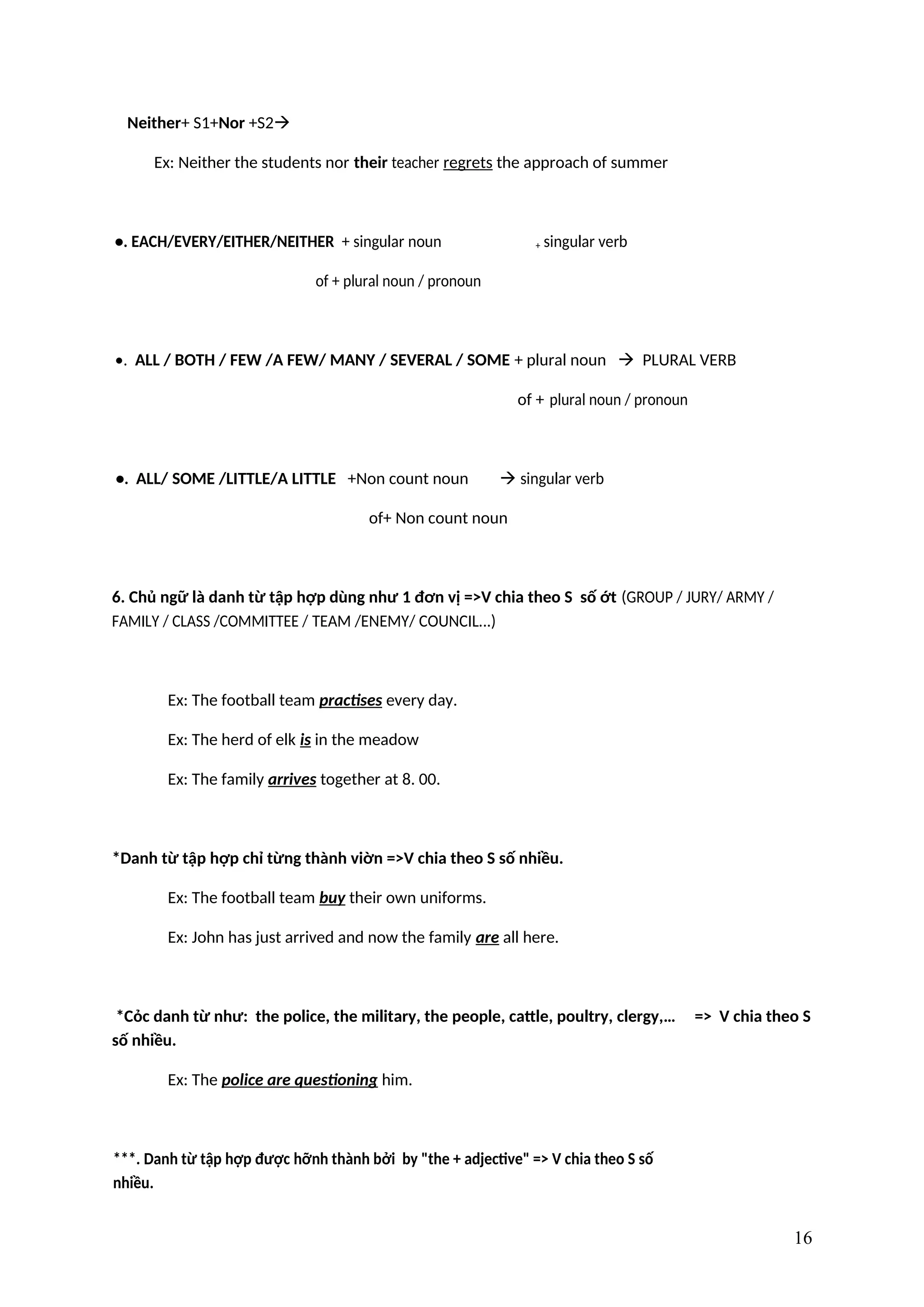 Neither+ S1+Nor +S2
Ex: Neither the students nor their teacher regrets the approach of summer
•. EACH/EVERY/EITHER/NEITHER + singular noun + singular verb
of + plural noun / pronoun
•. ALL / BOTH / FEW /A FEW/ MANY / SEVERAL / SOME + plural noun  PLURAL VERB
of + plural noun / pronoun
•. ALL/ SOME /LITTLE/A LITTLE +Non count noun  singular verb
of+ Non count noun
6. Chủ ngữ là danh từ tập hợp dùng như 1 đơn vị =>V chia theo S số ớt (GROUP / JURY/ ARMY /
FAMILY / CLASS /COMMITTEE / TEAM /ENEMY/ COUNCIL...)
Ex: The football team practises every day.
Ex: The herd of elk is in the meadow
Ex: The family arrives together at 8. 00.
*Danh từ tập hợp chỉ từng thành viờn =>V chia theo S số nhiều.
Ex: The football team buy their own uniforms.
Ex: John has just arrived and now the family are all here.
*Cỏc danh từ như: the police, the military, the people, cattle, poultry, clergy,… => V chia theo S
số nhiều.
Ex: The police are questioning him.
***. Danh từ tập hợp được hỡnh thành bởi by "the + adjective" => V chia theo S số
nhiều.
16
 