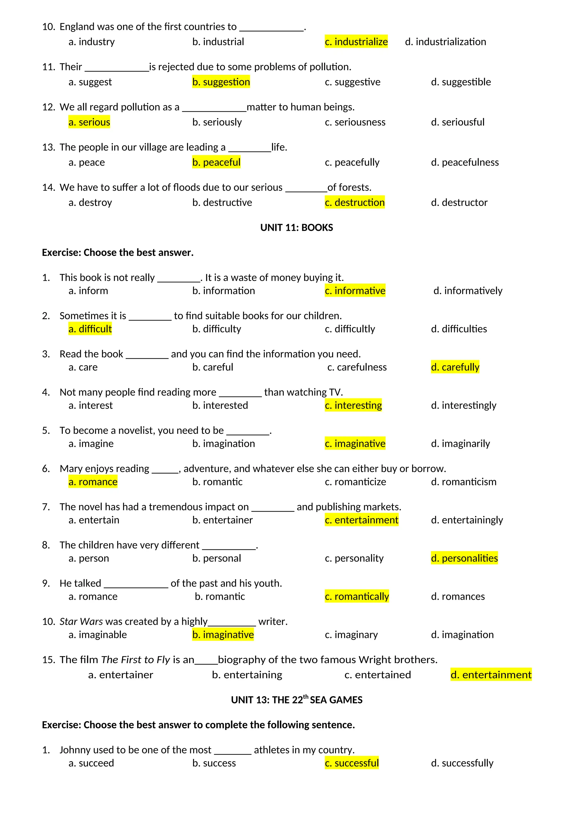 10. England was one of the first countries to ____________.
a. industry b. industrial c. industrialize d. industrialization
11. Their ____________is rejected due to some problems of pollution.
a. suggest b. suggestion c. suggestive d. suggestible
12. We all regard pollution as a ____________matter to human beings.
a. serious b. seriously c. seriousness d. seriousful
13. The people in our village are leading a ________life.
a. peace b. peaceful c. peacefully d. peacefulness
14. We have to suffer a lot of floods due to our serious of forests.
a. destroy b. destructive c. destruction d. destructor
UNIT 11: BOOKS
Exercise: Choose the best answer.
1. This book is not really ________. It is a waste of money buying it.
a. inform b. information c. informative d. informatively
2. Sometimes it is ________ to find suitable books for our children.
a. difficult b. difficulty c. difficultly d. difficulties
3. Read the book ________ and you can find the information you need.
a. care b. careful c. carefulness d. carefully
4. Not many people find reading more ________ than watching TV.
a. interest b. interested c. interesting d. interestingly
5. To become a novelist, you need to be ________.
a. imagine b. imagination c. imaginative d. imaginarily
6. Mary enjoys reading _____, adventure, and whatever else she can either buy or borrow.
a. romance b. romantic c. romanticize d. romanticism
7. The novel has had a tremendous impact on ________ and publishing markets.
a. entertain b. entertainer c. entertainment d. entertainingly
8. The children have very different __________.
a. person b. personal c. personality d. personalities
9. He talked ____________ of the past and his youth.
a. romance b. romantic c. romantically d. romances
10. Star Wars was created by a highly_________ writer.
a. imaginable b. imaginative c. imaginary d. imagination
15. The film The First to Fly is an____biography of the two famous Wright brothers.
a. entertainer b. entertaining c. entertained d. entertainment
UNIT 13: THE 22th
SEA GAMES
Exercise: Choose the best answer to complete the following sentence.
1. Johnny used to be one of the most _______ athletes in my country.
a. succeed b. success c. successful d. successfully
 