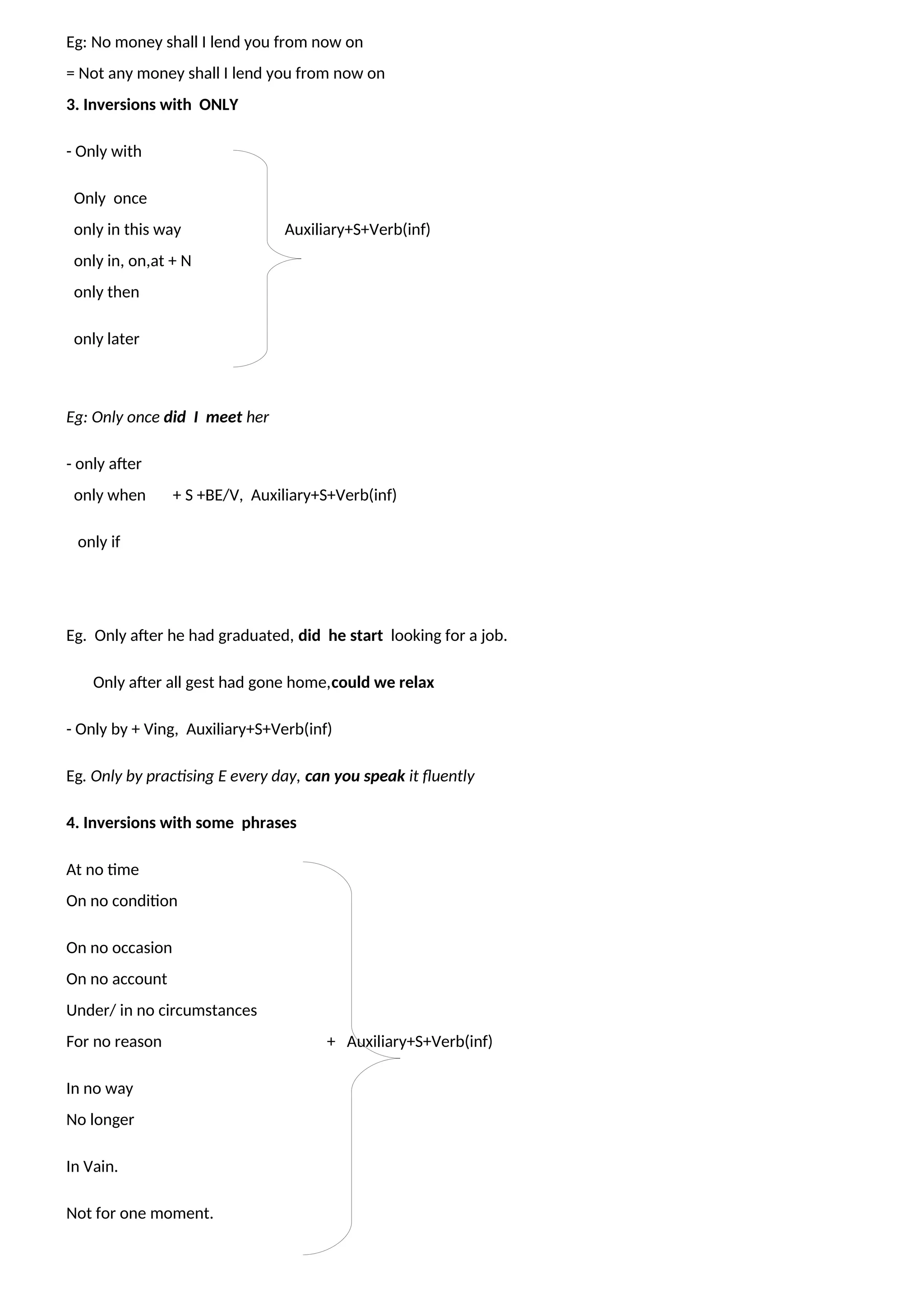 Eg: No money shall I lend you from now on
= Not any money shall I lend you from now on
3. Inversions with ONLY
- Only with
Only once
only in this way Auxiliary+S+Verb(inf)
only in, on,at + N
only then
only later
Eg: Only once did I meet her
- only after
only when + S +BE/V, Auxiliary+S+Verb(inf)
only if
Eg. Only after he had graduated, did he start looking for a job.
Only after all gest had gone home,could we relax
- Only by + Ving, Auxiliary+S+Verb(inf)
Eg. Only by practising E every day, can you speak it fluently
4. Inversions with some phrases
At no time
On no condition
On no occasion
On no account
Under/ in no circumstances
For no reason + Auxiliary+S+Verb(inf)
In no way
No longer
In Vain.
Not for one moment.
 