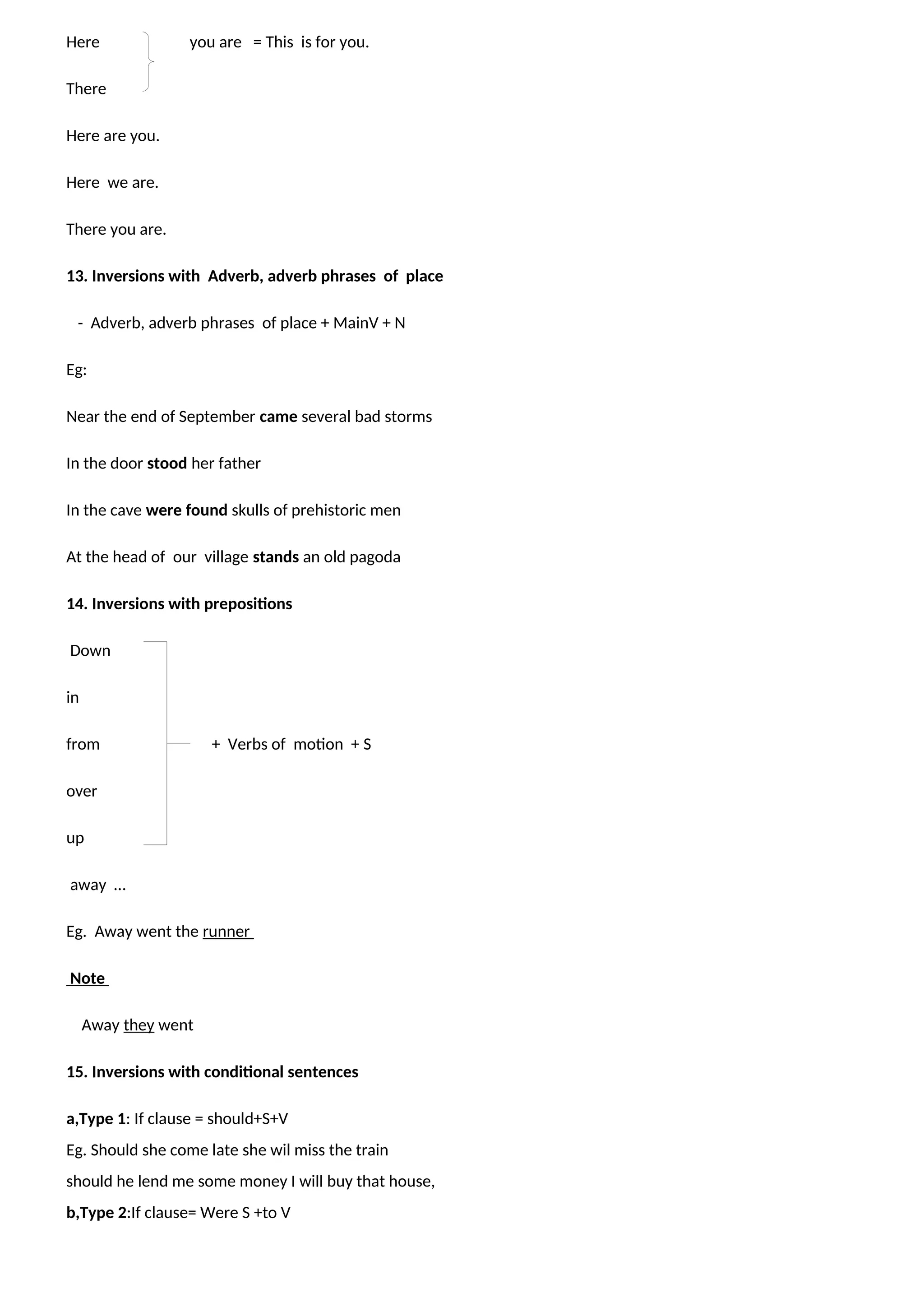 Here you are = This is for you.
There
Here are you.
Here we are.
There you are.
13. Inversions with Adverb, adverb phrases of place
- Adverb, adverb phrases of place + MainV + N
Eg:
Near the end of September came several bad storms
In the door stood her father
In the cave were found skulls of prehistoric men
At the head of our village stands an old pagoda
14. Inversions with prepositions
Down
in
from + Verbs of motion + S
over
up
away …
Eg. Away went the runner
Note
Away they went
15. Inversions with conditional sentences
a,Type 1: If clause = should+S+V
Eg. Should she come late she wil miss the train
should he lend me some money I will buy that house,
b,Type 2:If clause= Were S +to V
 
