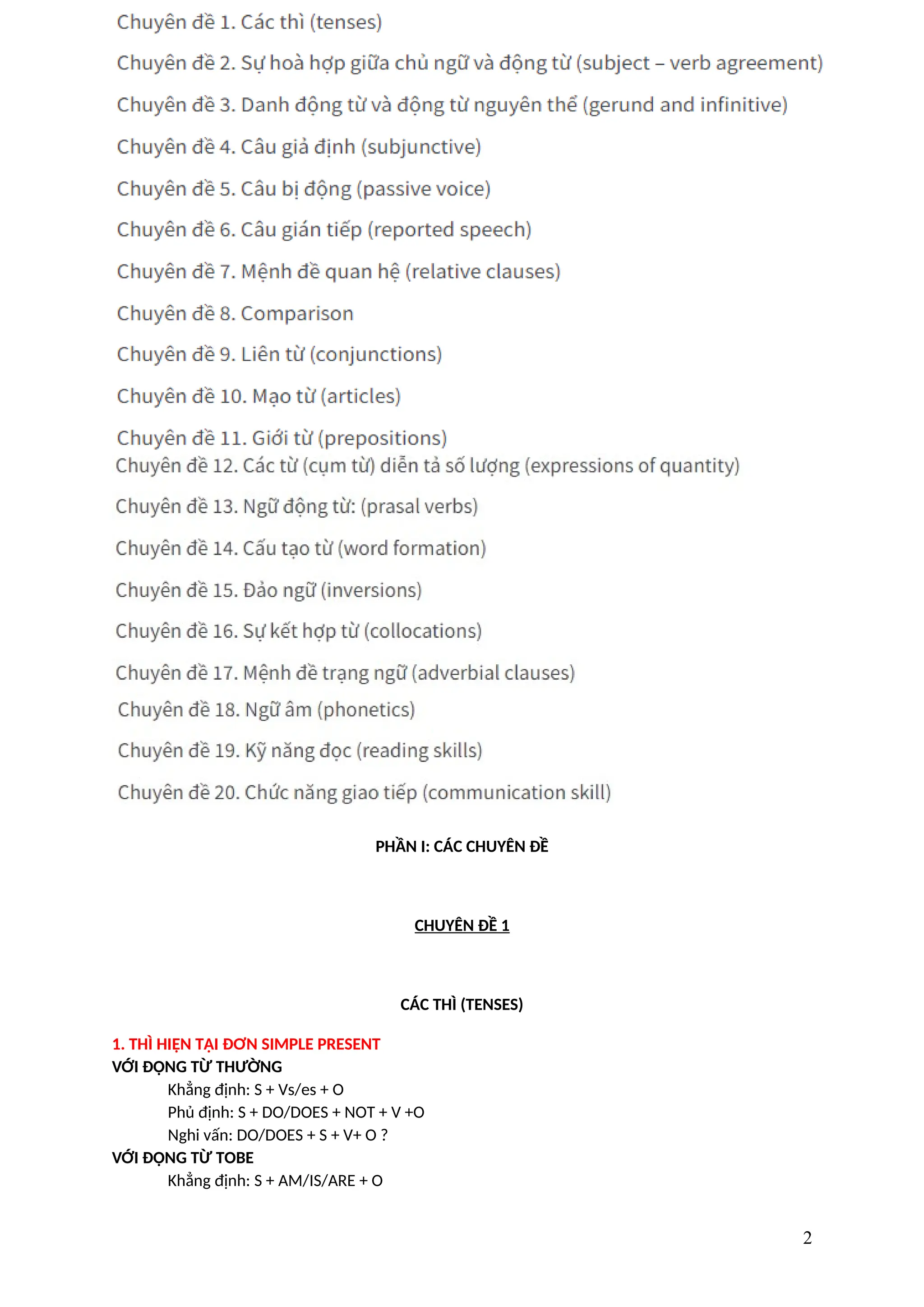 PHẦN I: CÁC CHUYÊN ĐỀ
CHUYÊN ĐỀ 1
CÁC THÌ (TENSES)
1. THÌ HIỆN TẠI ĐƠN SIMPLE PRESENT
VỚI ĐỘNG TỪ THƯỜNG
Khẳng định: S + Vs/es + O
Phủ định: S + DO/DOES + NOT + V +O
Nghi vấn: DO/DOES + S + V+ O ?
VỚI ĐỘNG TỪ TOBE
Khẳng định: S + AM/IS/ARE + O
2
 