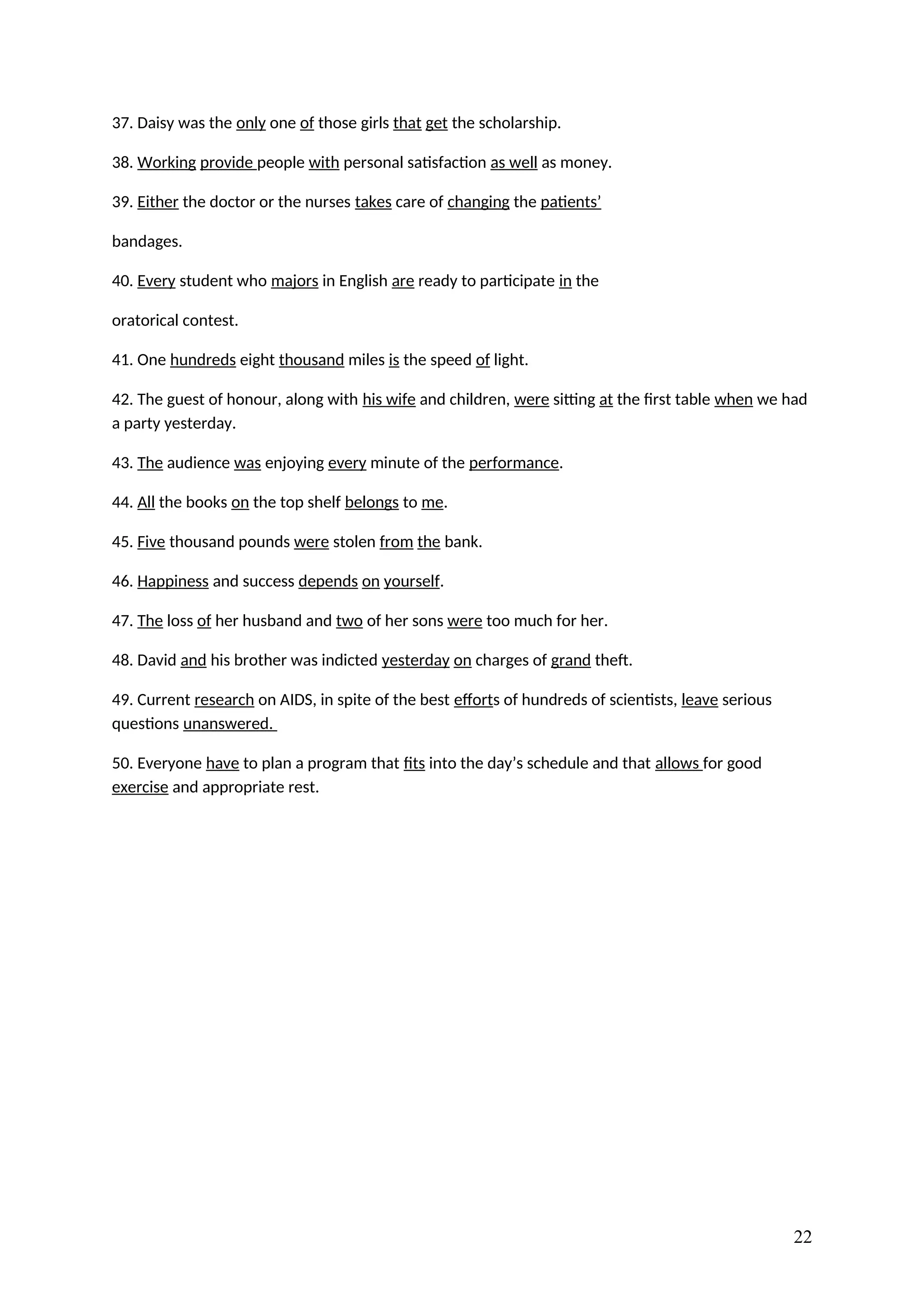 37. Daisy was the only one of those girls that get the scholarship.
38. Working provide people with personal satisfaction as well as money.
39. Either the doctor or the nurses takes care of changing the patients’
bandages.
40. Every student who majors in English are ready to participate in the
oratorical contest.
41. One hundreds eight thousand miles is the speed of light.
42. The guest of honour, along with his wife and children, were sitting at the first table when we had
a party yesterday.
43. The audience was enjoying every minute of the performance.
44. All the books on the top shelf belongs to me.
45. Five thousand pounds were stolen from the bank.
46. Happiness and success depends on yourself.
47. The loss of her husband and two of her sons were too much for her.
48. David and his brother was indicted yesterday on charges of grand theft.
49. Current research on AIDS, in spite of the best efforts of hundreds of scientists, leave serious
questions unanswered.
50. Everyone have to plan a program that fits into the day’s schedule and that allows for good
exercise and appropriate rest.
22
 