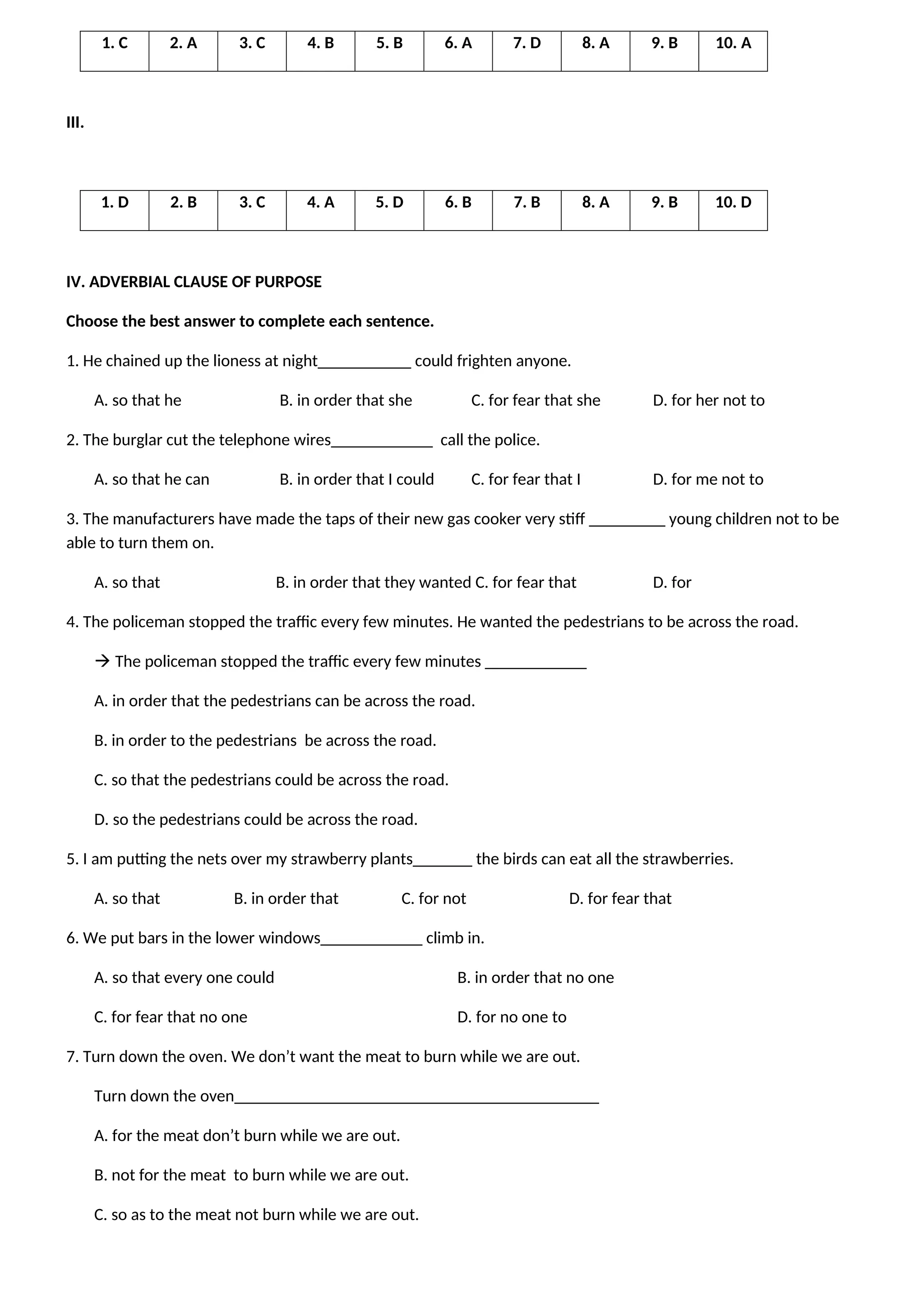 1. C 2. A 3. C 4. B 5. B 6. A 7. D 8. A 9. B 10. A
III.
1. D 2. B 3. C 4. A 5. D 6. B 7. B 8. A 9. B 10. D
IV. ADVERBIAL CLAUSE OF PURPOSE
Choose the best answer to complete each sentence.
1. He chained up the lioness at night___________ could frighten anyone.
A. so that he B. in order that she C. for fear that she D. for her not to
2. The burglar cut the telephone wires____________ call the police.
A. so that he can B. in order that I could C. for fear that I D. for me not to
3. The manufacturers have made the taps of their new gas cooker very stiff _________ young children not to be
able to turn them on.
A. so that B. in order that they wanted C. for fear that D. for
4. The policeman stopped the traffic every few minutes. He wanted the pedestrians to be across the road.
 The policeman stopped the traffic every few minutes ____________
A. in order that the pedestrians can be across the road.
B. in order to the pedestrians be across the road.
C. so that the pedestrians could be across the road.
D. so the pedestrians could be across the road.
5. I am putting the nets over my strawberry plants_______ the birds can eat all the strawberries.
A. so that B. in order that C. for not D. for fear that
6. We put bars in the lower windows____________ climb in.
A. so that every one could B. in order that no one
C. for fear that no one D. for no one to
7. Turn down the oven. We don’t want the meat to burn while we are out.
Turn down the oven___________________________________________
A. for the meat don’t burn while we are out.
B. not for the meat to burn while we are out.
C. so as to the meat not burn while we are out.
 