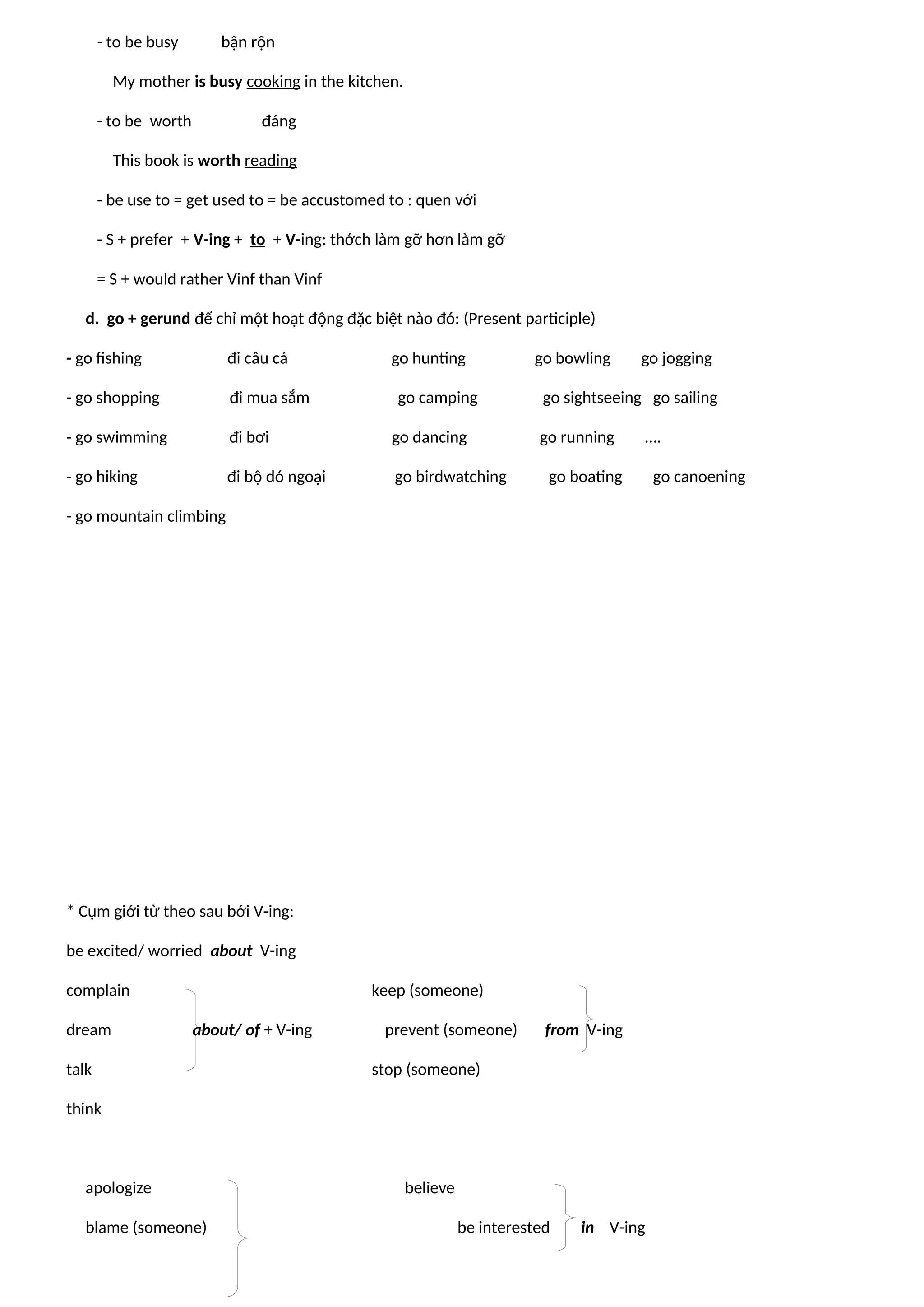 - to be busy bận rộn
My mother is busy cooking in the kitchen.
- to be worth đáng
This book is worth reading
- be use to = get used to = be accustomed to : quen với
- S + prefer + V-ing + to + V-ing: thớch làm gỡ hơn làm gỡ
= S + would rather Vinf than Vinf
d. go + gerund để chỉ một hoạt động đặc biệt nào đó: (Present participle)
- go fishing đi câu cá go hunting go bowling go jogging
- go shopping đi mua sắm go camping go sightseeing go sailing
- go swimming đi bơi go dancing go running ….
- go hiking đi bộ dó ngoại go birdwatching go boating go canoening
- go mountain climbing
* Cụm giới từ theo sau bới V-ing:
be excited/ worried about V-ing
complain keep (someone)
dream about/ of + V-ing prevent (someone) from V-ing
talk stop (someone)
think
apologize believe
blame (someone) be interested in V-ing
 