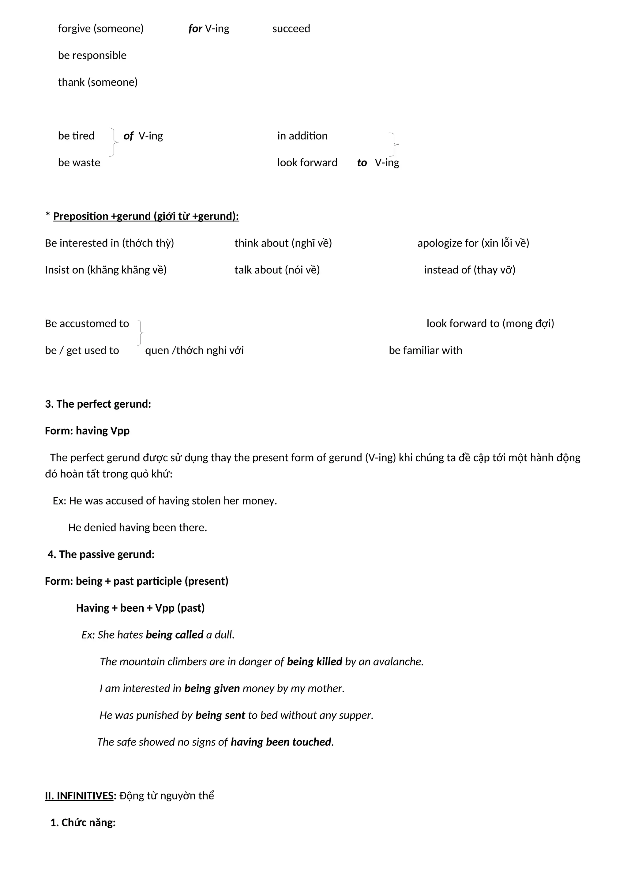 forgive (someone) for V-ing succeed
be responsible
thank (someone)
be tired of V-ing in addition
be waste look forward to V-ing
* Preposition +gerund (giới từ +gerund):
Be interested in (thớch thỳ) think about (nghĩ về) apologize for (xin lỗi về)
Insist on (khăng khăng về) talk about (nói về) instead of (thay vỡ)
Be accustomed to look forward to (mong đợi)
be / get used to quen /thớch nghi với be familiar with
3. The perfect gerund:
Form: having Vpp
The perfect gerund được sử dụng thay the present form of gerund (V-ing) khi chúng ta đề cập tới một hành động
đó hoàn tất trong quỏ khứ:
Ex: He was accused of having stolen her money.
He denied having been there.
4. The passive gerund:
Form: being + past participle (present)
Having + been + Vpp (past)
Ex: She hates being called a dull.
The mountain climbers are in danger of being killed by an avalanche.
I am interested in being given money by my mother.
He was punished by being sent to bed without any supper.
The safe showed no signs of having been touched.
II. INFINITIVES: Động từ nguyờn thể
1. Chức năng:
 