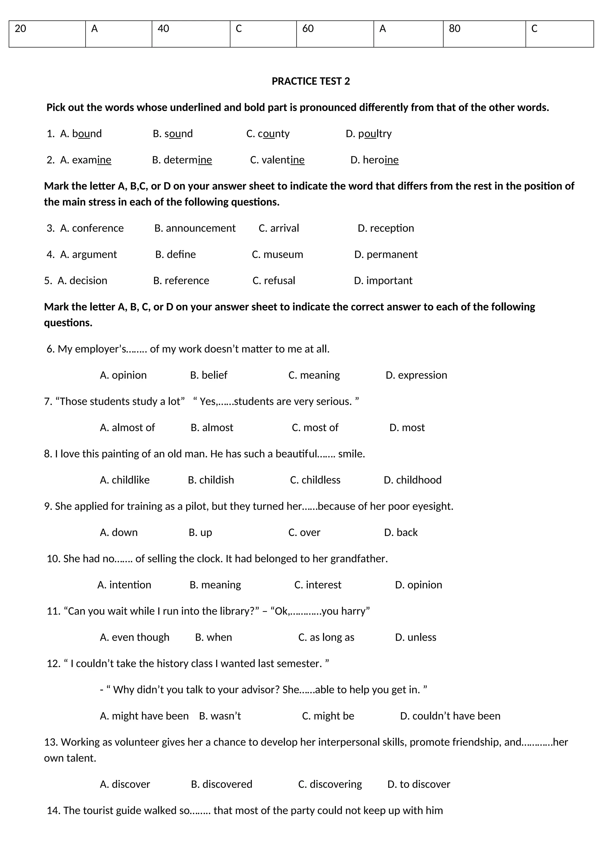 20 A 40 C 60 A 80 C
PRACTICE TEST 2
Pick out the words whose underlined and bold part is pronounced differently from that of the other words.
1. A. bound B. sound C. county D. poultry
2. A. examine B. determine C. valentine D. heroine
Mark the letter A, B,C, or D on your answer sheet to indicate the word that differs from the rest in the position of
the main stress in each of the following questions.
3. A. conference B. announcement C. arrival D. reception
4. A. argument B. define C. museum D. permanent
5. A. decision B. reference C. refusal D. important
Mark the letter A, B, C, or D on your answer sheet to indicate the correct answer to each of the following
questions.
6. My employer’s…….. of my work doesn’t matter to me at all.
A. opinion B. belief C. meaning D. expression
7. “Those students study a lot” “ Yes,……students are very serious. ”
A. almost of B. almost C. most of D. most
8. I love this painting of an old man. He has such a beautiful……. smile.
A. childlike B. childish C. childless D. childhood
9. She applied for training as a pilot, but they turned her……because of her poor eyesight.
A. down B. up C. over D. back
10. She had no……. of selling the clock. It had belonged to her grandfather.
A. intention B. meaning C. interest D. opinion
11. “Can you wait while I run into the library?” – “Ok,…………you harry”
A. even though B. when C. as long as D. unless
12. “ I couldn’t take the history class I wanted last semester. ”
- “ Why didn’t you talk to your advisor? She……able to help you get in. ”
A. might have been B. wasn’t C. might be D. couldn’t have been
13. Working as volunteer gives her a chance to develop her interpersonal skills, promote friendship, and…………her
own talent.
A. discover B. discovered C. discovering D. to discover
14. The tourist guide walked so…….. that most of the party could not keep up with him
 