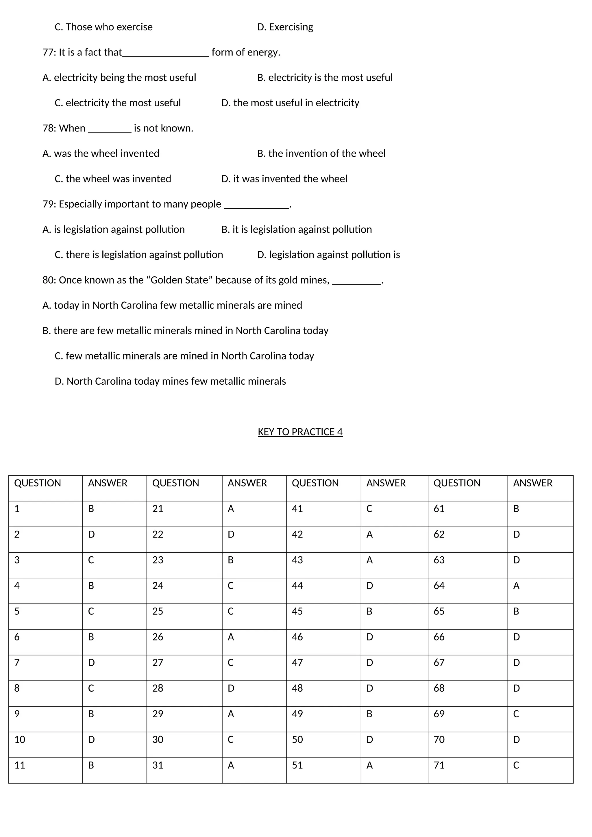 C. Those who exercise D. Exercising
77: It is a fact that________________ form of energy.
A. electricity being the most useful B. electricity is the most useful
C. electricity the most useful D. the most useful in electricity
78: When ________ is not known.
A. was the wheel invented B. the invention of the wheel
C. the wheel was invented D. it was invented the wheel
79: Especially important to many people ____________.
A. is legislation against pollution B. it is legislation against pollution
C. there is legislation against pollution D. legislation against pollution is
80: Once known as the “Golden State” because of its gold mines, _________.
A. today in North Carolina few metallic minerals are mined
B. there are few metallic minerals mined in North Carolina today
C. few metallic minerals are mined in North Carolina today
D. North Carolina today mines few metallic minerals
KEY TO PRACTICE 4
QUESTION ANSWER QUESTION ANSWER QUESTION ANSWER QUESTION ANSWER
1 B 21 A 41 C 61 B
2 D 22 D 42 A 62 D
3 C 23 B 43 A 63 D
4 B 24 C 44 D 64 A
5 C 25 C 45 B 65 B
6 B 26 A 46 D 66 D
7 D 27 C 47 D 67 D
8 C 28 D 48 D 68 D
9 B 29 A 49 B 69 C
10 D 30 C 50 D 70 D
11 B 31 A 51 A 71 C
 
