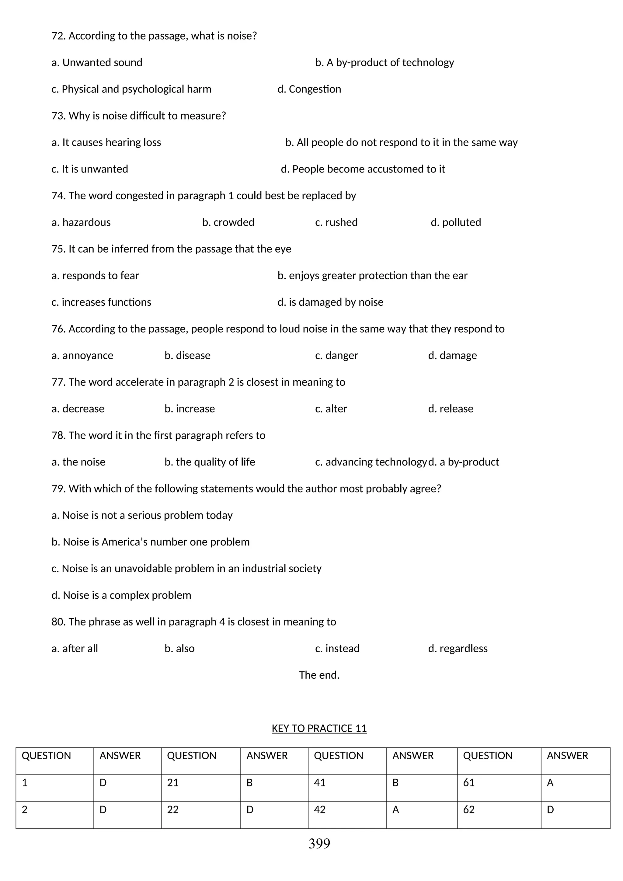 72. According to the passage, what is noise?
a. Unwanted sound b. A by-product of technology
c. Physical and psychological harm d. Congestion
73. Why is noise difficult to measure?
a. It causes hearing loss b. All people do not respond to it in the same way
c. It is unwanted d. People become accustomed to it
74. The word congested in paragraph 1 could best be replaced by
a. hazardous b. crowded c. rushed d. polluted
75. It can be inferred from the passage that the eye
a. responds to fear b. enjoys greater protection than the ear
c. increases functions d. is damaged by noise
76. According to the passage, people respond to loud noise in the same way that they respond to
a. annoyance b. disease c. danger d. damage
77. The word accelerate in paragraph 2 is closest in meaning to
a. decrease b. increase c. alter d. release
78. The word it in the first paragraph refers to
a. the noise b. the quality of life c. advancing technologyd. a by-product
79. With which of the following statements would the author most probably agree?
a. Noise is not a serious problem today
b. Noise is America’s number one problem
c. Noise is an unavoidable problem in an industrial society
d. Noise is a complex problem
80. The phrase as well in paragraph 4 is closest in meaning to
a. after all b. also c. instead d. regardless
The end.
KEY TO PRACTICE 11
QUESTION ANSWER QUESTION ANSWER QUESTION ANSWER QUESTION ANSWER
1 D 21 B 41 B 61 A
2 D 22 D 42 A 62 D
399
 