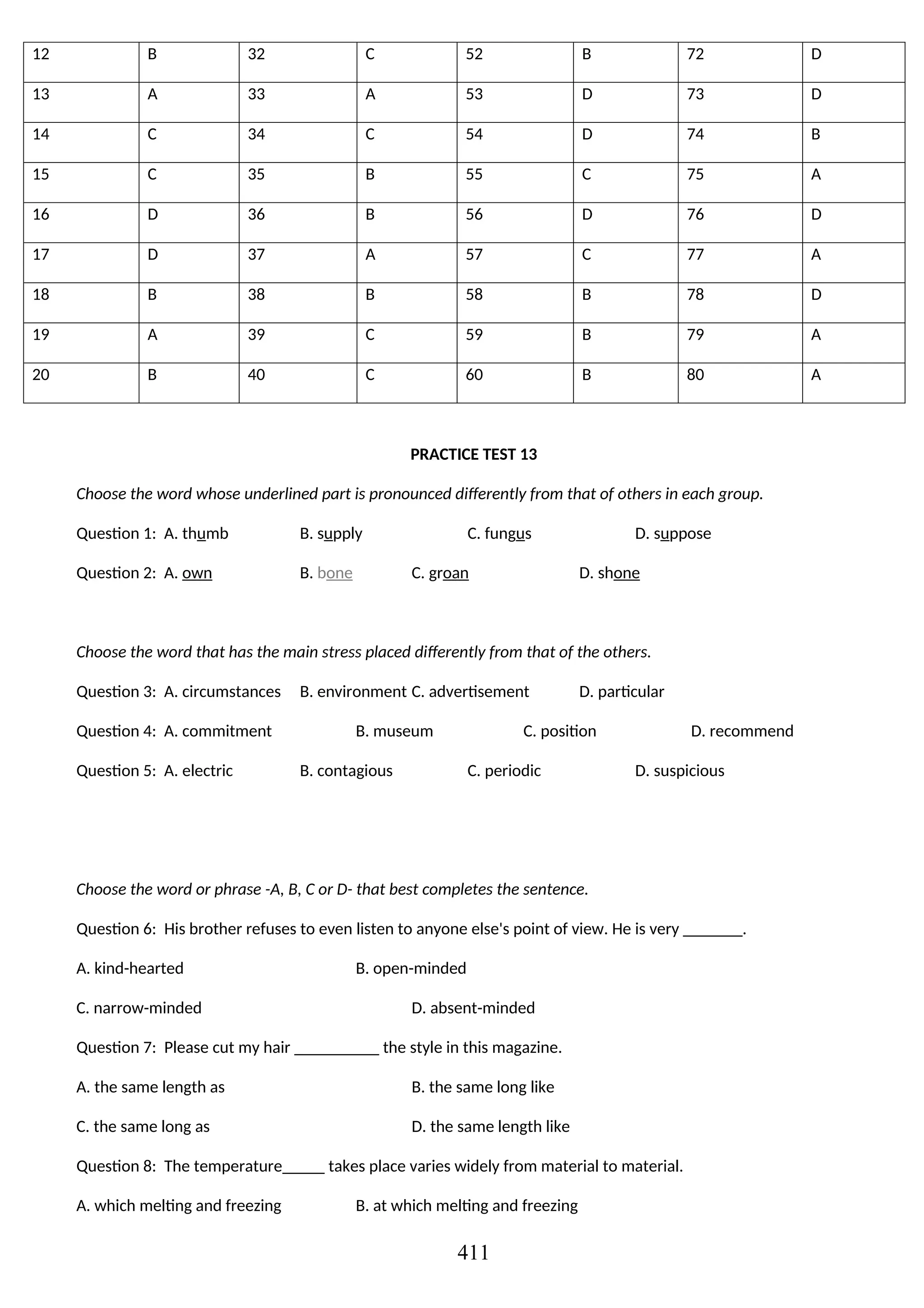 12 B 32 C 52 B 72 D
13 A 33 A 53 D 73 D
14 C 34 C 54 D 74 B
15 C 35 B 55 C 75 A
16 D 36 B 56 D 76 D
17 D 37 A 57 C 77 A
18 B 38 B 58 B 78 D
19 A 39 C 59 B 79 A
20 B 40 C 60 B 80 A
PRACTICE TEST 13
Choose the word whose underlined part is pronounced differently from that of others in each group.
Question 1: A. thumb B. supply C. fungus D. suppose
Question 2: A. own B. bone C. groan D. shone
Choose the word that has the main stress placed differently from that of the others.
Question 3: A. circumstances B. environment C. advertisement D. particular
Question 4: A. commitment B. museum C. position D. recommend
Question 5: A. electric B. contagious C. periodic D. suspicious
Choose the word or phrase -A, B, C or D- that best completes the sentence.
Question 6: His brother refuses to even listen to anyone else's point of view. He is very _______.
A. kind-hearted B. open-minded
C. narrow-minded D. absent-minded
Question 7: Please cut my hair __________ the style in this magazine.
A. the same length as B. the same long like
C. the same long as D. the same length like
Question 8: The temperature_____ takes place varies widely from material to material.
A. which melting and freezing B. at which melting and freezing
411
 