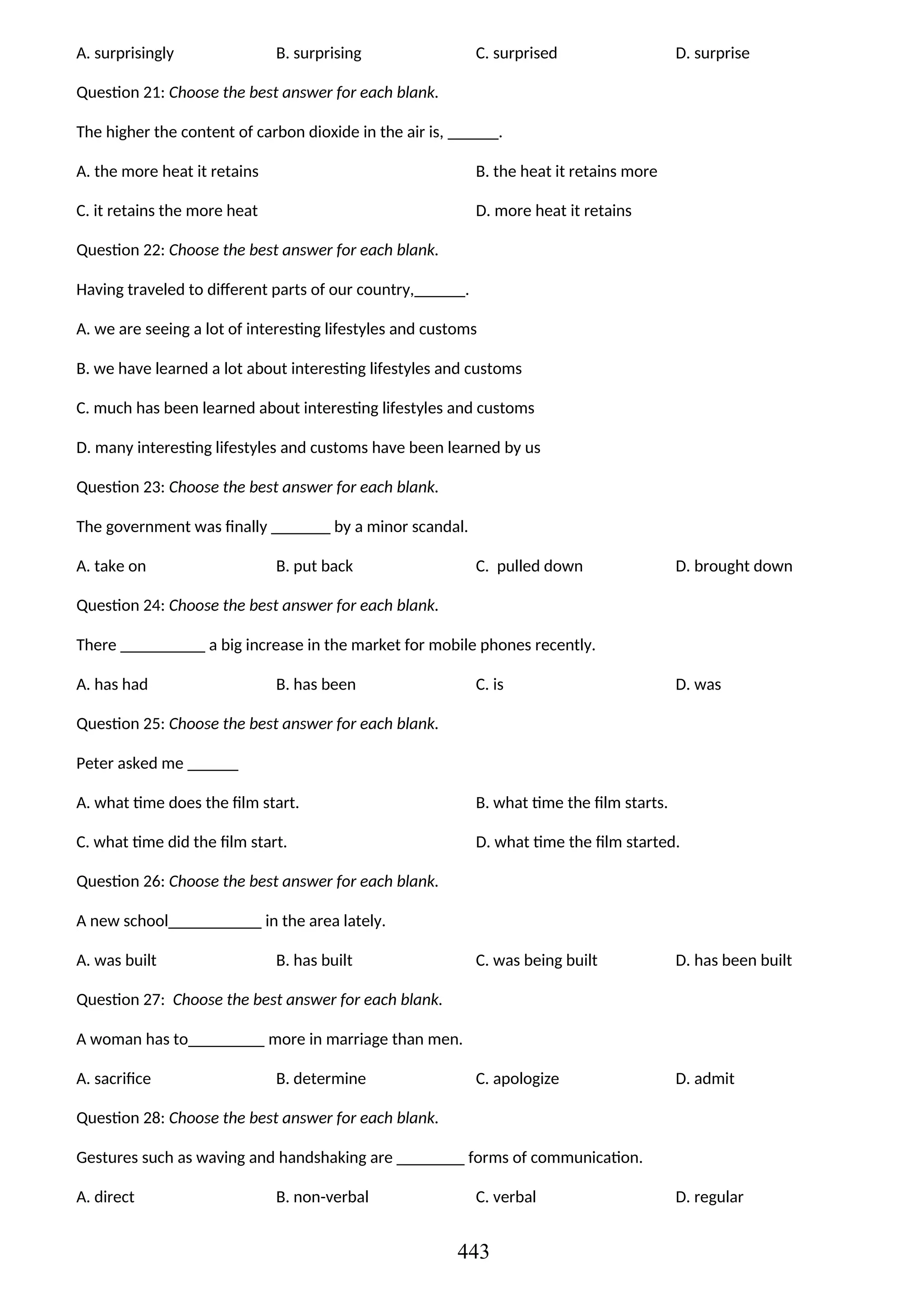 A. surprisingly B. surprising C. surprised D. surprise
Question 21: Choose the best answer for each blank.
The higher the content of carbon dioxide in the air is, ______.
A. the more heat it retains B. the heat it retains more
C. it retains the more heat D. more heat it retains
Question 22: Choose the best answer for each blank.
Having traveled to different parts of our country,______.
A. we are seeing a lot of interesting lifestyles and customs
B. we have learned a lot about interesting lifestyles and customs
C. much has been learned about interesting lifestyles and customs
D. many interesting lifestyles and customs have been learned by us
Question 23: Choose the best answer for each blank.
The government was finally _______ by a minor scandal.
A. take on B. put back C. pulled down D. brought down
Question 24: Choose the best answer for each blank.
There __________ a big increase in the market for mobile phones recently.
A. has had B. has been C. is D. was
Question 25: Choose the best answer for each blank.
Peter asked me ______
A. what time does the film start. B. what time the film starts.
C. what time did the film start. D. what time the film started.
Question 26: Choose the best answer for each blank.
A new school___________ in the area lately.
A. was built B. has built C. was being built D. has been built
Question 27: Choose the best answer for each blank.
A woman has to_________ more in marriage than men.
A. sacrifice B. determine C. apologize D. admit
Question 28: Choose the best answer for each blank.
Gestures such as waving and handshaking are ________ forms of communication.
A. direct B. non-verbal C. verbal D. regular
443
 