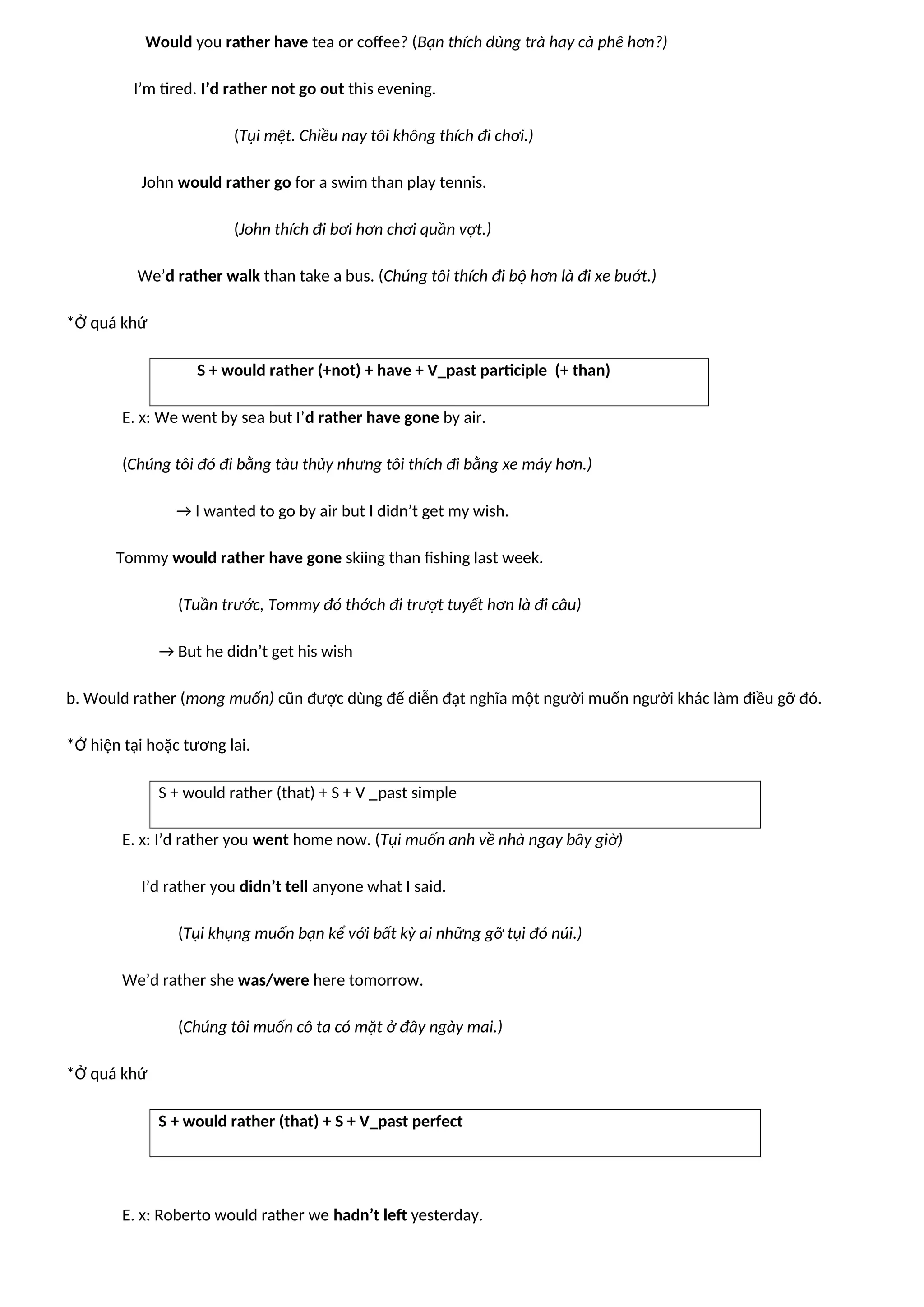 Would you rather have tea or coffee? (Bạn thích dùng trà hay cà phê hơn?)
I’m tired. I’d rather not go out this evening.
(Tụi mệt. Chiều nay tôi không thích đi chơi.)
John would rather go for a swim than play tennis.
(John thích đi bơi hơn chơi quần vợt.)
We’d rather walk than take a bus. (Chúng tôi thích đi bộ hơn là đi xe buớt.)
*Ở quá khứ
S + would rather (+not) + have + V_past participle (+ than)
E. x: We went by sea but I’d rather have gone by air.
(Chúng tôi đó đi bằng tàu thủy nhưng tôi thích đi bằng xe máy hơn.)
→ I wanted to go by air but I didn’t get my wish.
Tommy would rather have gone skiing than fishing last week.
(Tuần trước, Tommy đó thớch đi trượt tuyết hơn là đi câu)
→ But he didn’t get his wish
b. Would rather (mong muốn) cũn được dùng để diễn đạt nghĩa một người muốn người khác làm điều gỡ đó.
*Ở hiện tại hoặc tương lai.
S + would rather (that) + S + V _past simple
E. x: I’d rather you went home now. (Tụi muốn anh về nhà ngay bây giờ)
I’d rather you didn’t tell anyone what I said.
(Tụi khụng muốn bạn kể với bất kỳ ai những gỡ tụi đó núi.)
We’d rather she was/were here tomorrow.
(Chúng tôi muốn cô ta có mặt ở đây ngày mai.)
*Ở quá khứ
S + would rather (that) + S + V_past perfect
E. x: Roberto would rather we hadn’t left yesterday.
 