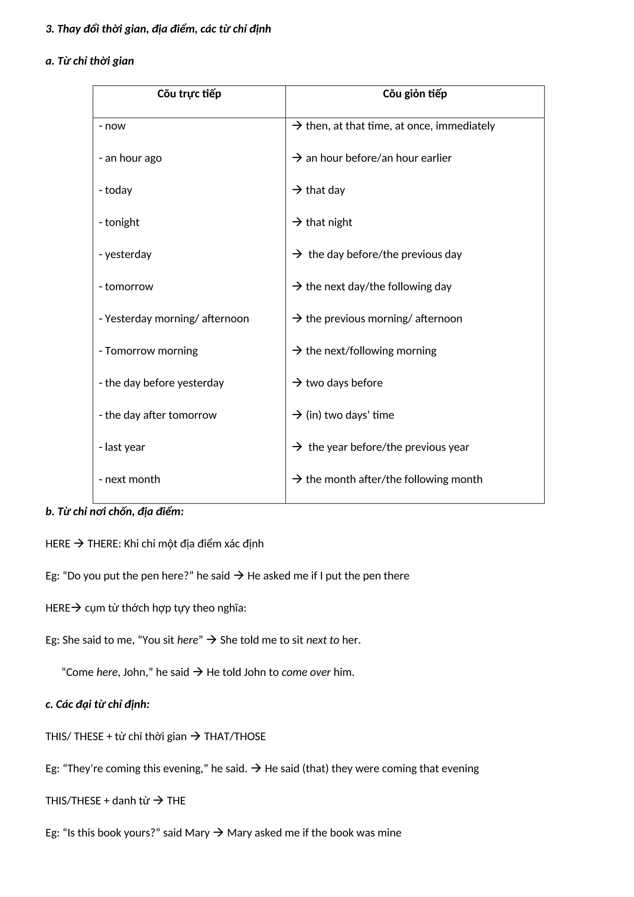 3. Thay đổi thời gian, địa điểm, các từ chỉ định
a. Từ chỉ thời gian
Cõu trực tiếp Cõu giỏn tiếp
- now
- an hour ago
- today
- tonight
- yesterday
- tomorrow
- Yesterday morning/ afternoon
- Tomorrow morning
- the day before yesterday
- the day after tomorrow
- last year
- next month
 then, at that time, at once, immediately
 an hour before/an hour earlier
 that day
 that night
 the day before/the previous day
 the next day/the following day
 the previous morning/ afternoon
 the next/following morning
 two days before
 (in) two days’ time
 the year before/the previous year
 the month after/the following month
b. Từ chỉ nơi chốn, địa điểm:
HERE  THERE: Khi chỉ một địa điểm xác định
Eg: “Do you put the pen here?” he said  He asked me if I put the pen there
HERE cụm từ thớch hợp tựy theo nghĩa:
Eg: She said to me, “You sit here”  She told me to sit next to her.
“Come here, John,” he said  He told John to come over him.
c. Các đại từ chỉ định:
THIS/ THESE + từ chỉ thời gian  THAT/THOSE
Eg: “They’re coming this evening,” he said.  He said (that) they were coming that evening
THIS/THESE + danh từ  THE
Eg: “Is this book yours?” said Mary  Mary asked me if the book was mine
 