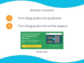 1.
2.
Turn blog posts into podcasts
Turn blog posts into white papers
beacon.by
Written Content
 