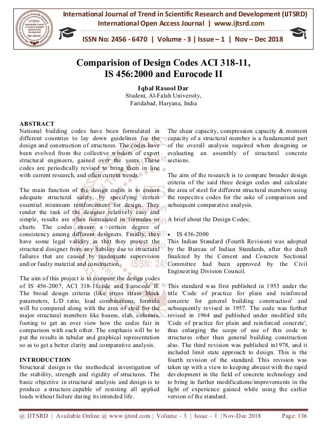 Comparision Of Design Codes Aci 318 11 Is 456 2000 And Eurocode Ii