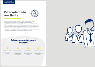 Estar orientado
ao cliente
As empresas modernas precisam saber se adaptar às novas
expectativas: imediatismo, transparência e proximidade. A
prioridade? Dar a todos uma resposta adequada e personalizada.
Não importa qual seja o tipo de solicitação ou pergunta, as empresas
precisam ter uma resposta. Estar orientados para o cliente também
significa que os clientes tenham a garantia de um serviço de
qualidade e uma experiência única. Essa postura comprometida cria
uma autêntica lealdade do cliente em relação à marca.
COACHING &
TRABALHO EM EQUIPE
Antecipar e superar
as expectativas dos
clientes
Criar e treinar
uma equipe de
atendimento ao
cliente
Gerenciar com
sucesso a
insatisfação dos
clientes
Proporcionar
uma experiência
de qualidade
consistente
Fatores essenciais para o
sucesso:
 