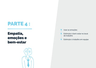 PARTE 4 :
Empatia,
emoções e
bem-estar
Usar as emoções
Estimular o bem-estar no local
de trabalho
Estimular o trabalho em equipe
 