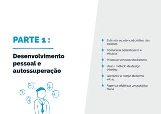 PARTE 1 :
Desenvolvimento
pessoal e
autossuperação
Estimule o potencial criativo das
equipes
Comunicar com impacto e
eficácia
Promover empreendedorismo
Usar o método de design
thinking
Gerenciar o tempo de forma
eficaz
Fazer da eficiência uma prática
diária
 