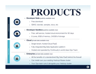 Continuuity Proprietary and Confidential
PRODUCTSDeveloper Suite (publicly available now)
Free download
SDKS, tutorials, samples, docs, etc
•
‣
‣
Enterprise (private beta available now)
All the benefits of a standardized Big Data PaaS behind the firewall
Can install over your existing Hadoop/Hbase cluster
Your Ops team runs it alongside your Hadoop cluster
•
‣
‣
‣
Cloud (private beta available now)
Single tenant, hosted Cloud PaaS
Fully integrated Big Data Application platform
Hosted and operated by Continuuity's world class Ops Team
•
‣
‣
‣
Developer Sandbox (publicly available now)
Free, self-service, hosted cloud environment for 90 days
8 cores, 8GB of memory, 240GB of storage
•
‣
‣
PRODUCTIONDEVELOPMENT
 