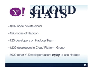 Continuuity Proprietary and Confidential
CLOUDSTATS
~400k node private cloud
~45k nodes of Hadoop
~120 developers on Hadoop Team
~1200 developers in Cloud Platform Group
~5000 other Y! Developers/users trying to use Hadoop
 