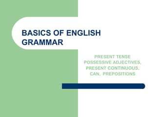 BASICS OF ENGLISH
GRAMMAR
PRESENT TENSE
POSSESSIVE ADJECTIVES,
PRESENT CONTINUOUS,
CAN, PREPOSITIONS
 