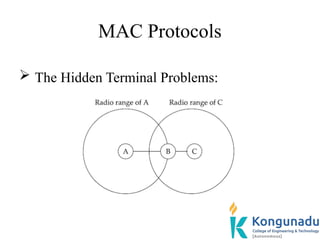 MAC Protocols
 The Hidden Terminal Problems:
 