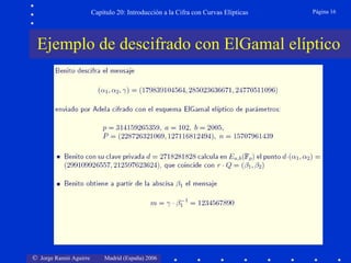 Capítulo 20: Introducción a la Cifra con Curvas Elípticas   Página 16




 Ejemplo de descifrado con ElGamal elíptico




© Jorge Ramió Aguirre       Madrid (España) 2006
 