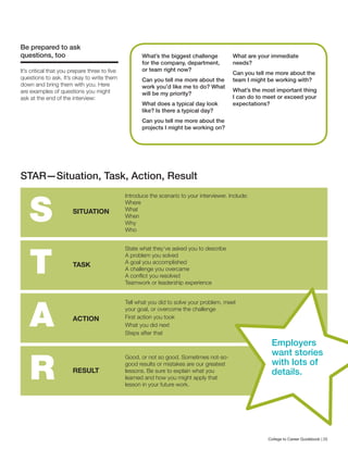 Be prepared to ask
questions, too
It’s critical that you prepare three to five
questions to ask. It’s okay to write them
down and bring them with you. Here
are examples of questions you might
ask at the end of the interview:
STAR—Situation, Task, Action, Result
What’s the biggest challenge
for the company, department,
or team right now?
Can you tell me more about the
work you’d like me to do? What
will be my priority?
What does a typical day look
like? Is there a typical day?
Can you tell me more about the
projects I might be working on?
What are your immediate
needs?
Can you tell me more about the
team I might be working with?
What’s the most important thing
I can do to meet or exceed your
expectations?
S
T
A
R
SITUATION
TASK
ACTION
RESULT
Introduce the scenario to your interviewer. Include:
Where
What
When
Why
Who
State what they’ve asked you to describe
A problem you solved
A goal you accomplished
A challenge you overcame
A conflict you resolved
Teamwork or leadership experience
Tell what you did to solve your problem, meet
your goal, or overcome the challenge
First action you took
What you did next
Steps after that
Good, or not so good. Sometimes not-so-
good results or mistakes are our greatest
lessons. Be sure to explain what you
learned and how you might apply that
lesson in your future work.
Employers
want stories
with lots of
details.
College to Career Guidebook | 25
 