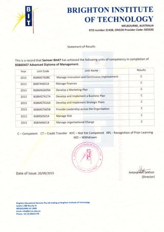 Adv Diploma of Mgmt Certificate and Academic Transcript | PDF