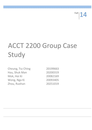  
	
   	
  
Cheung,	
  Tsz	
  Ching	
  	
  	
  	
  	
  	
  	
   20199663	
  
Hau,	
  Shuk	
  Man	
  	
  	
  	
  	
  	
  	
  	
  	
  	
  	
  	
   20200319	
  
Mok,	
  Hoi	
  Ki	
  	
  	
  	
  	
  	
  	
  	
  	
  	
  	
  	
  	
  	
  	
  	
  	
  	
   20082169	
  
Wong,	
  Nga	
  Ki	
  	
  	
  	
  	
  	
  	
  	
  	
  	
  	
  	
  	
  	
  	
   20093405	
  
Zhou,	
  Ruohan	
  	
  	
  	
  	
  	
  	
  	
  	
  	
  	
  	
  	
  	
   20251019	
  	
  
ACCT	
  2200	
  Group	
  Case	
  
Study	
  
	
  	
  	
  	
  	
  	
  
Fall	
  
14	
  
 