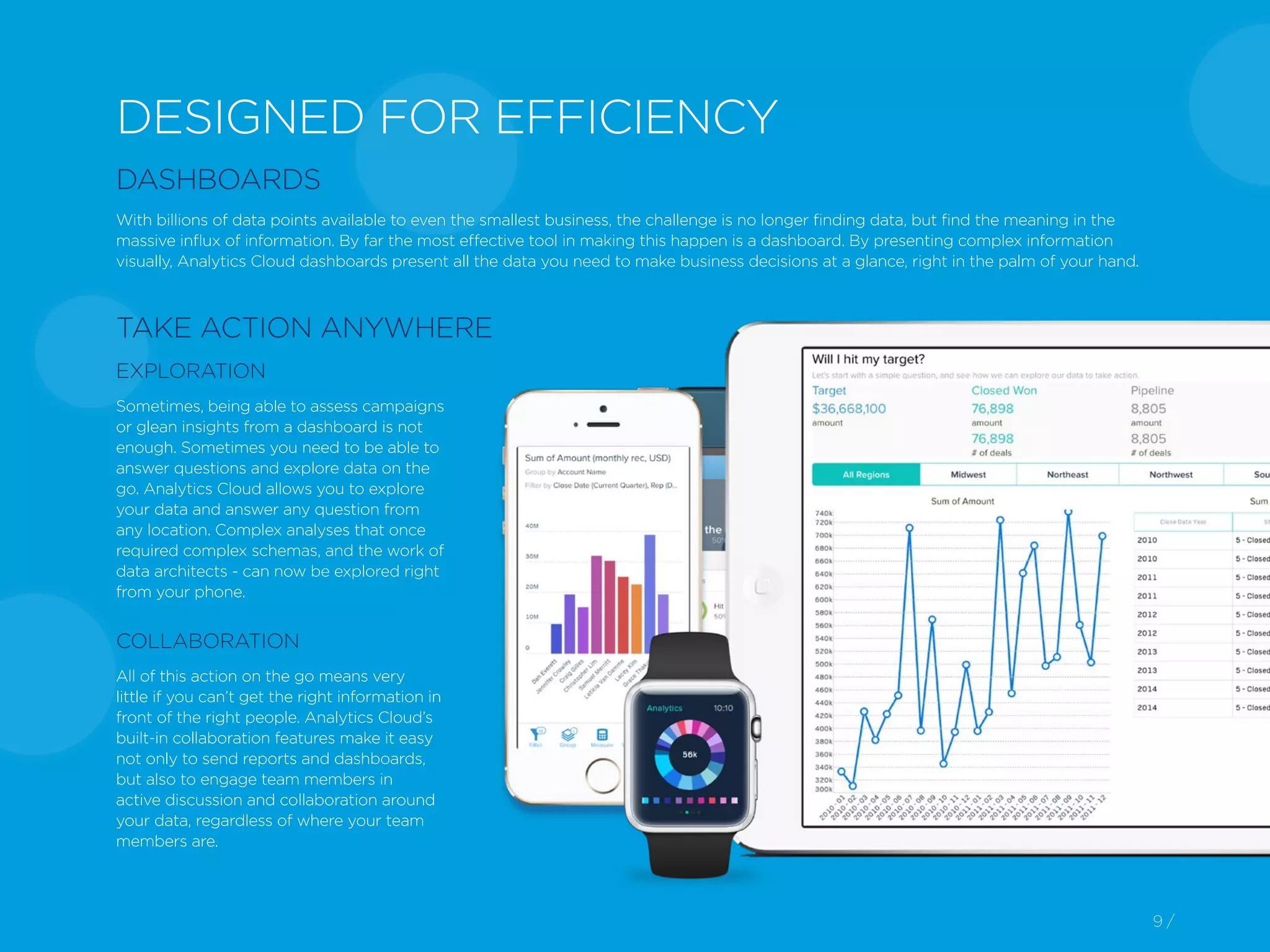 9 /
COLLABORATION
All of this action on the go means very
little if you can’t get the right information in
front of the right people. Analytics Cloud’s
built-in collaboration features make it easy
not only to send reports and dashboards,
but also to engage team members in
active discussion and collaboration around
your data, regardless of where your team
members are.
Sometimes, being able to assess campaigns
or glean insights from a dashboard is not
enough. Sometimes you need to be able to
answer questions and explore data on the
go. Analytics Cloud allows you to explore
your data and answer any question from
any location. Complex analyses that once
required complex schemas, and the work of
data architects - can now be explored right
from your phone.
DESIGNED FOR EFFICIENCY
DASHBOARDS
With billions of data points available to even the smallest business, the challenge is no longer finding data, but find the meaning in the
massive influx of information. By far the most effective tool in making this happen is a dashboard. By presenting complex information
visually, Analytics Cloud dashboards present all the data you need to make business decisions at a glance, right in the palm of your hand.
TAKE ACTION ANYWHERE
EXPLORATION
 
