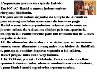 27
  ISAÍAS JEREMIAS EZEQUIEL DANIEL
CONHECIDO
COMO
Profeta messiânico. Profeta julgamento
Profeta  das  visões, 
do exílio,
Profeta  dos  tempos 
gentílicos
PREGOU
PARA
Hebreus em Judá
Hebreus em Judá e no 
cativeiro
Hebreus cativos na
Babilônia
Reis gentílicos e
hebreus cativos
TEMA
Judá e Jerusalém
Is 1.1; 2.1
Uzias, Jotão, Acaz
Judá e as nações
Jr 1.5,9,10; 2.1,2
Josias, Jeoacaz
Todo Israel
Ez 2.3-6; 3.4-10,17
Zedequias de Judá
Nações gentias e
Israel – Dn 2.36; 9.24
Jeoiaquim, Joaquim
TEMPO/REIS
Ezequias, reis de Judá
Is 1.1
Jeoiaquim, Joaquim,
Zedequias – Jr 1.2,3
Nabucodonosor da
Babilônia
Zedequias,
Nabucodonosor, Dario e 
Ciro
DATA/ANOS
740-680 a.C.
60 anos
627-582 a.C.
45 anos
591-570 a.C.
22 anos
603-536 a.C.
67 anos
CHAMADA Is 6.1-8 Jr 1.4-19 Ez 1.1 e 3.27 Nenhuma
FUNDO 
POLÍTICO
Judá ameaçada p/Síria 
e  Israel;  Aliança  com 
Assíria; Queda-Israel
Hostilidade  c/  Egito  e 
Babilônia;  deportação 
de Judá
Hebreus cativos na
Babilônia; outros
hebreus em Judá
Hebreus cativos na
Babilônia
FUNDO 
RELIGIOSO
Apostasia;  hipocrisia 
fachada exterior
Avivamento  sob  Josias 
e depois idolatria
Incredulidade  da 
nação,  rebelião  e 
desobediência
Nação  sem  comunhão 
com Deus
FUNDO 
HISTÓRICO
2Rs 15-10; 2Cr 26-30 2Rs 24,25 Dn 1-6 Dn 1-6 27
 COMPARAÇÃO DOS PROFETAS MAIORES
 