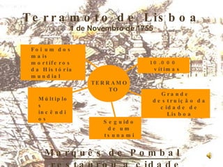 Terramoto de Lisboa 1 de Novembro de 1755 TERRAMOTO 10.000 vítimas Grande destruição da cidade de Lisboa Seguido de um tsunami Múltiplos incêndios Foi um dos mais mortíferos da História mundial   Marquês de Pombal restaurou a cidade 