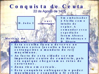 Conquista de Ceuta  22 de Agosto de 1415 .  D. João I enviou Um embaixador à Sicília com o intuito de espiar. A comandar essa expedição foram Afonso de Mendonça e D. Álvaro Camelo Motivos da conquista: Esta escolha ficou a dever-se ao intenso corso (assalto a barcos estrangeiros a mandato do rei) muçulmano. Ao facto de esta cidade ser um importante centro de comércio, pois era aqui que chegavam as rotas de caravanas.  Zona rica em cereais.  Esta conquista enfraquecia o poder muçulmano e expandia a fé cristã. 